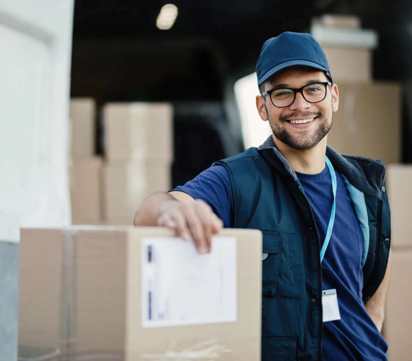 Delivery driver smiling at the camera while leaning on boxes in front of van